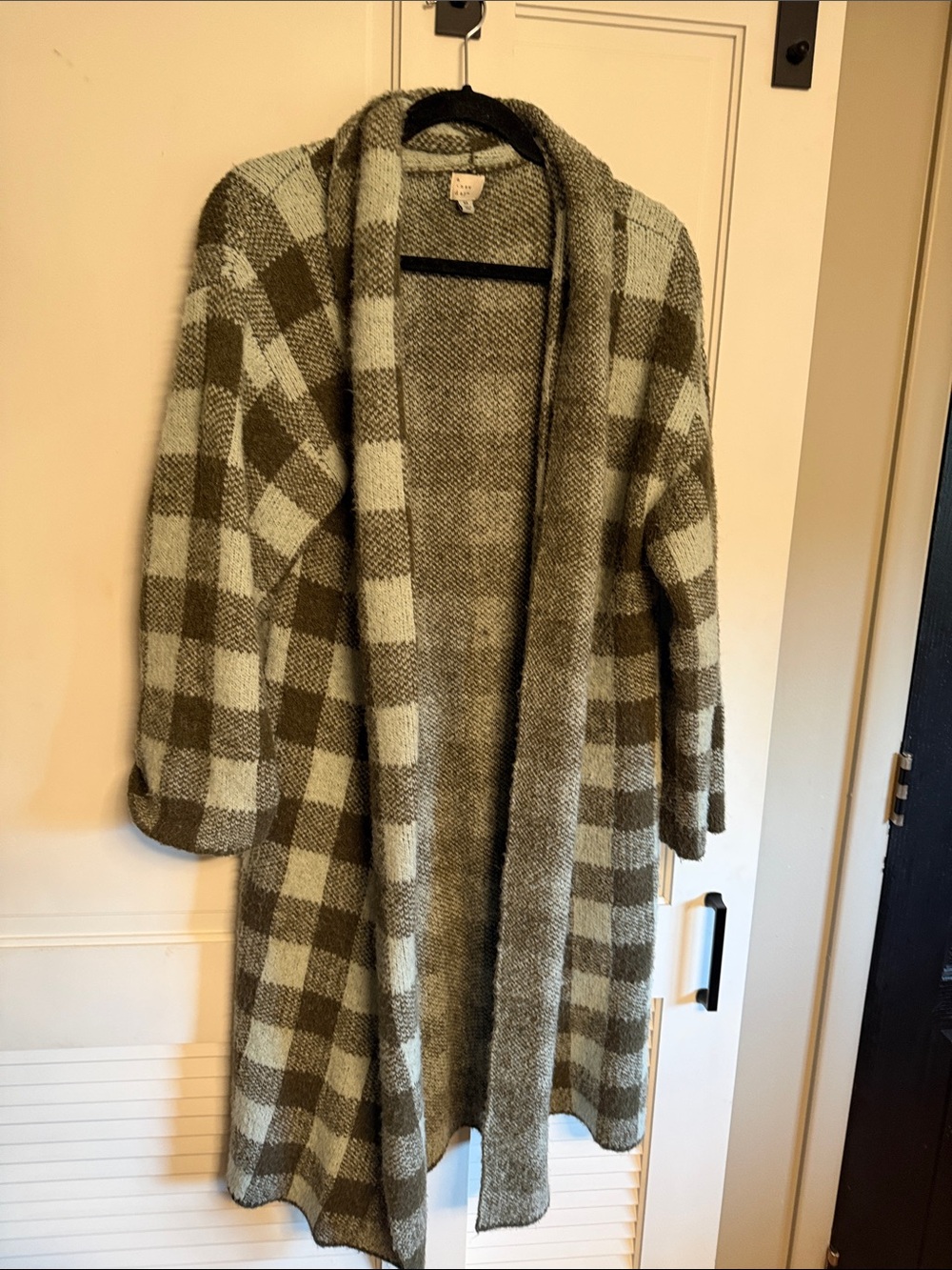 a new day Olive & Cream Plaid Open-Front Shawl Collar Cardigan Coat